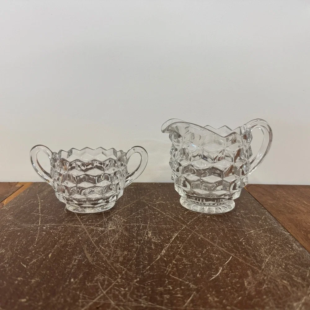 Vintage Clear‎ Glass Creamer & Sugar Set Cubist Pattern Serving Set